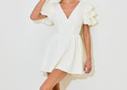 brooke & co the olivia dress white v-neck dress with ruffle sleeves fitted body with built in shorts