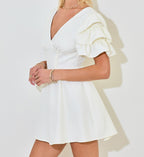 brooke & co the olivia dress white v-neck dress with ruffle sleeves fitted body with built in shorts