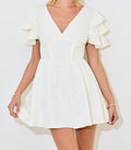 brooke & co the olivia dress white v-neck dress with ruffle sleeves fitted body with built in shorts