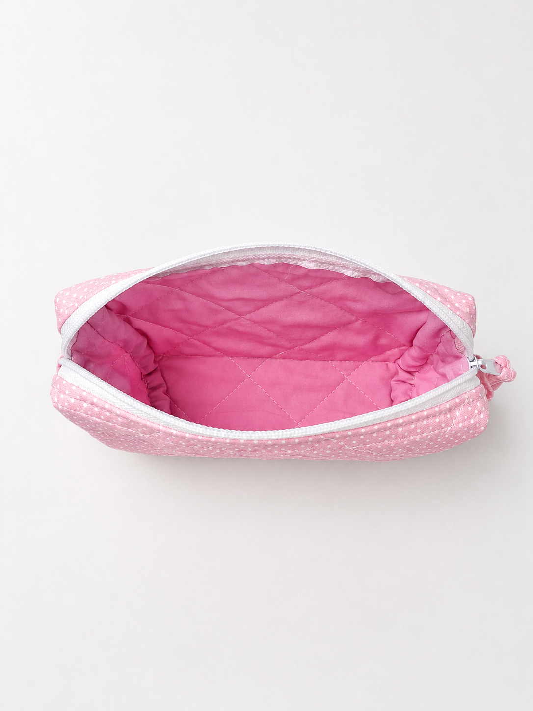 Brooke & Co pink polka dot makeup bag inside view