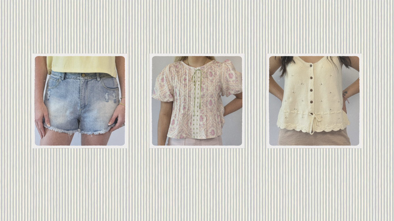 Three clothing items displayed on a striped background