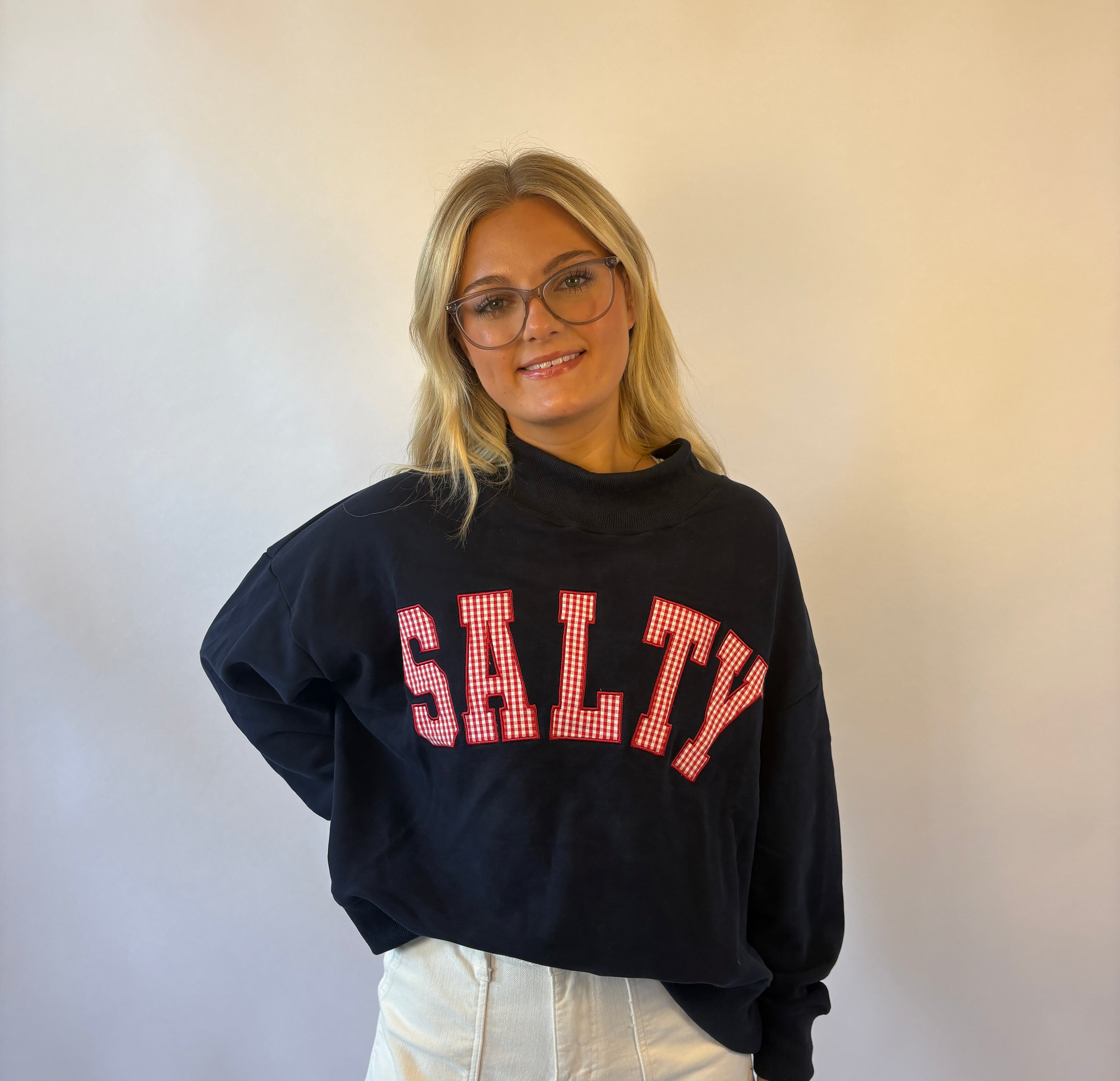 Brooke & co salty girl mockneck navy with red patch wording