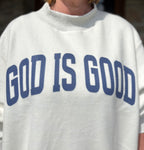 Brooke & Co God is Good/Jesus Mock Neck Sweatshirt, white & ash grey oversized sweatshirt with blue God is Good graphic up close view