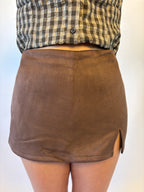 Brooke  Co Willow skort, brown faux suede skort with slit on the side, zip up