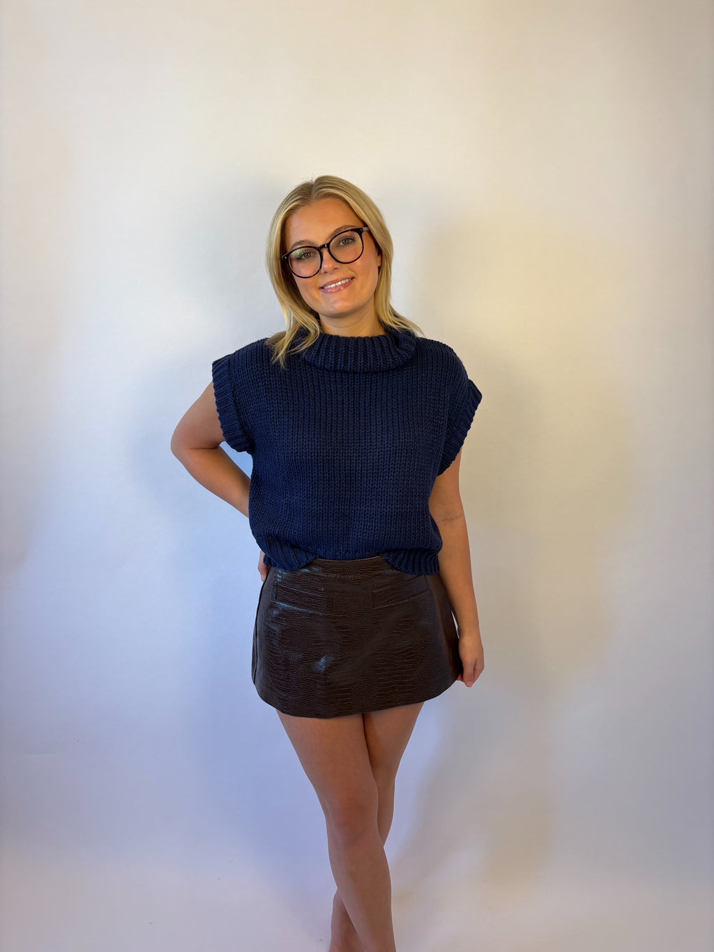brooke & co the kirsten skort  luxe crocodile-embossed faux leather. This high-waisted skort combines a sleek, polished look with the comfort of built in shorts. 