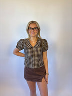 Brooke & co the millie top featuring brown plaid blouse with puff sleeves and collared neckline with front buttons