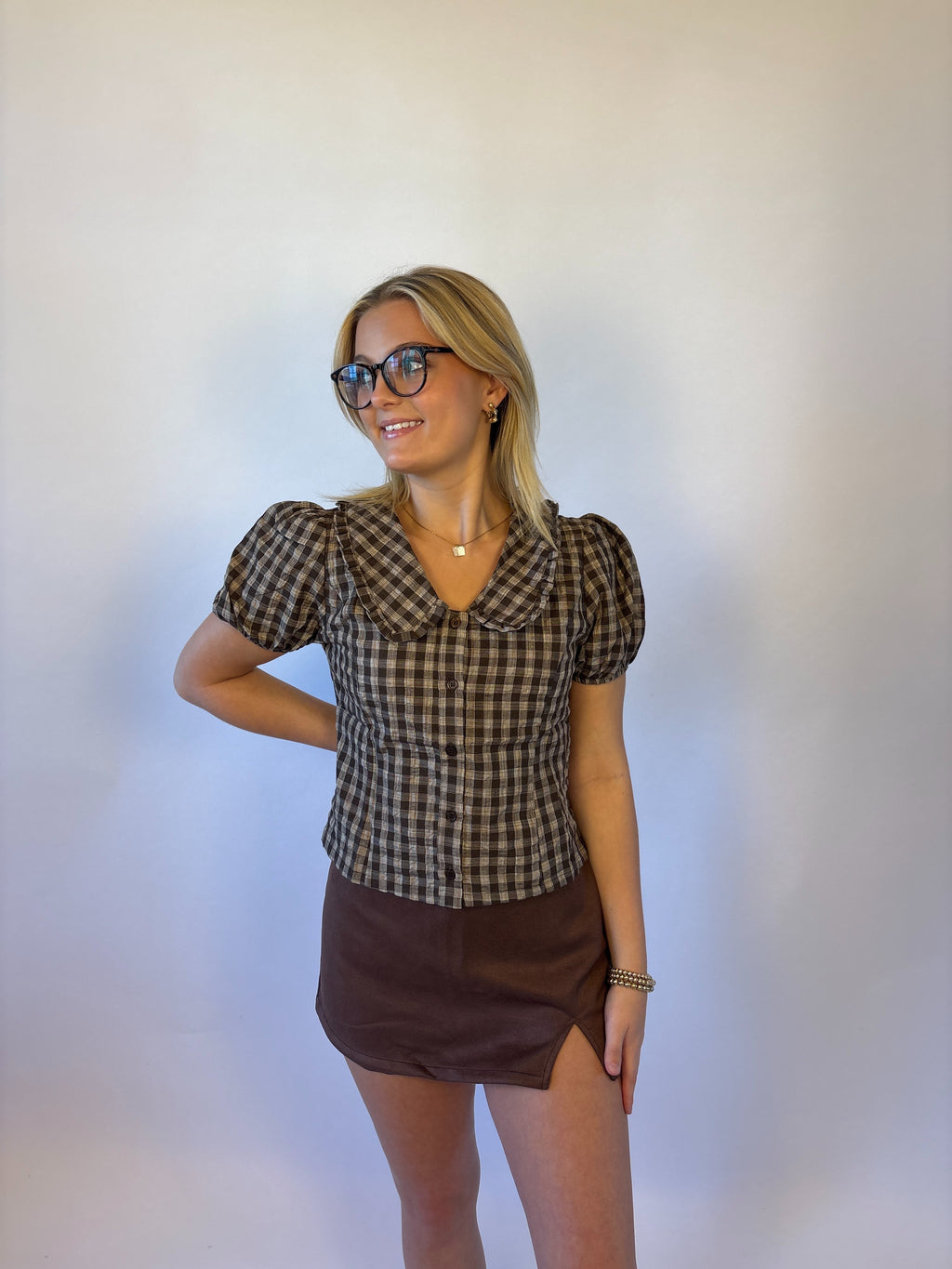 Brooke & co the millie top featuring brown plaid blouse with puff sleeves and collared neckline with front buttons