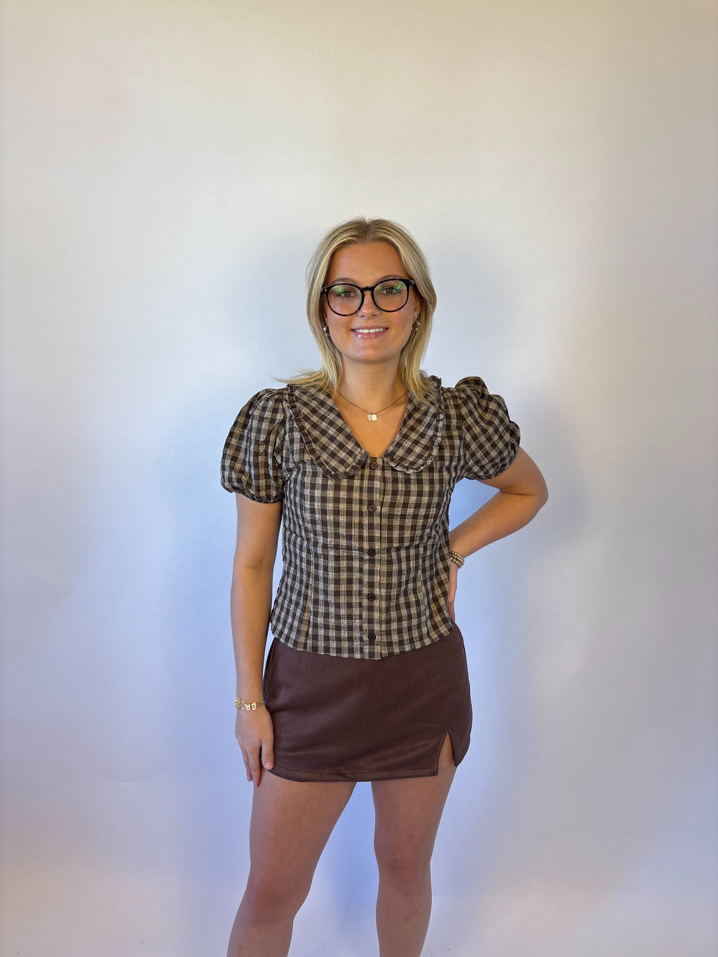 Brooke & co the millie top featuring brown plaid blouse with puff sleeves and collared neckline with front buttons