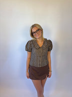 Brooke & co the millie top featuring brown plaid blouse with puff sleeves and collared neckline with front buttons