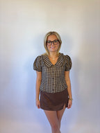 Brooke & co the millie top featuring brown plaid blouse with puff sleeves and collared neckline with front buttons