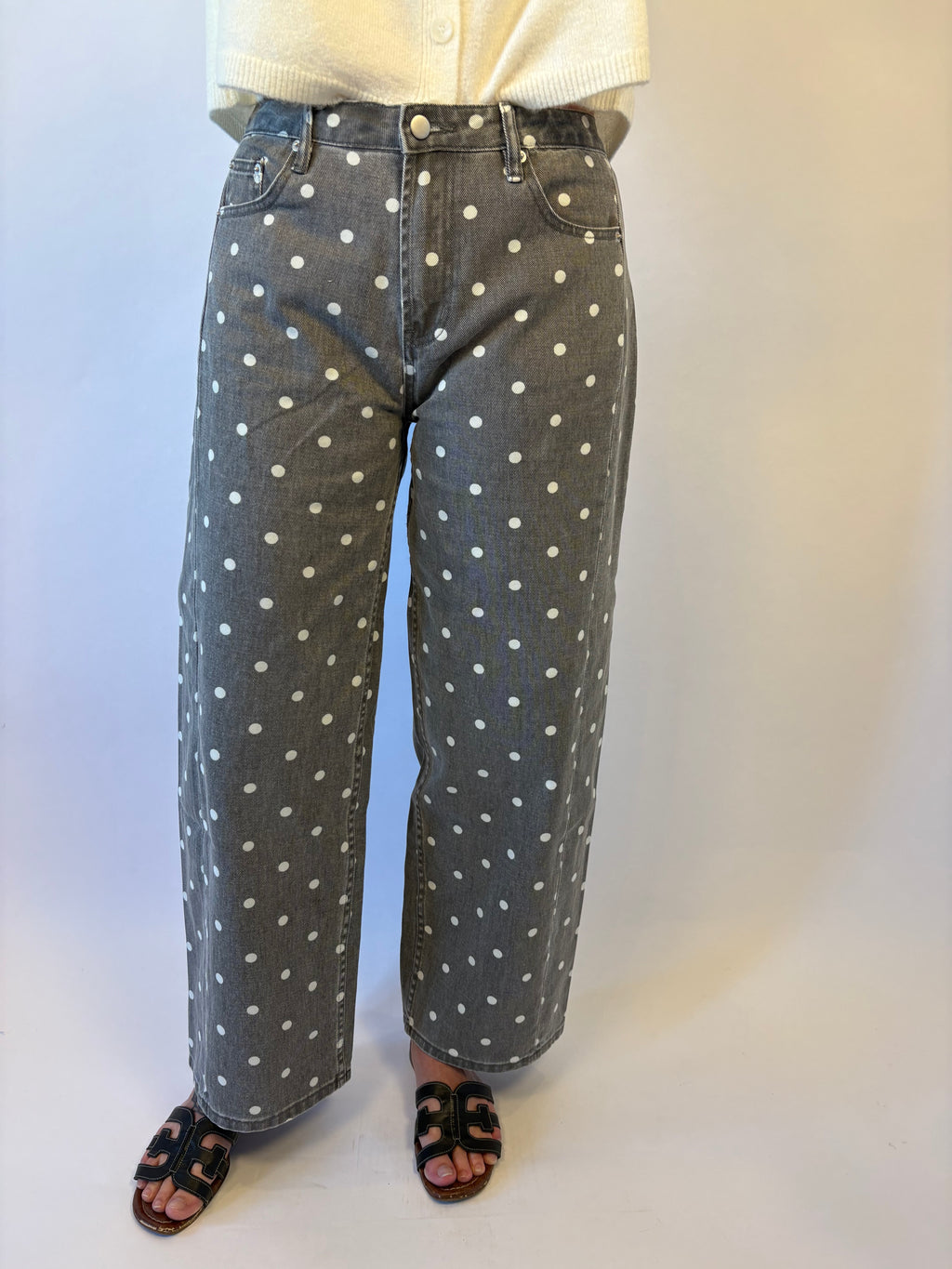 brooke & co the kylie jeans  Featuring an allover polka dot print, a flattering high rise waist, and a relaxed wide leg silhouette