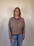 brooke & co the kinsley cardigan a soft striped knit with a relaxed silhouette, this button front cardigan is white and burgundy