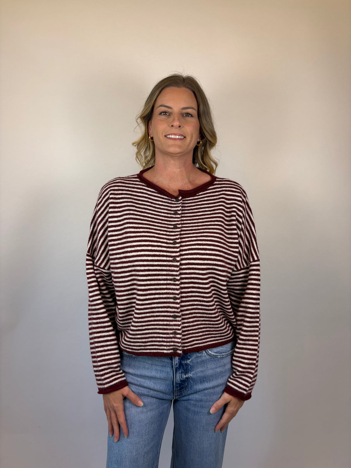 brooke & co the kinsley cardigan a soft striped knit with a relaxed silhouette, this button front cardigan is white and burgundy