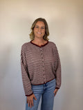 brooke & co the kinsley cardigan a soft striped knit with a relaxed silhouette, this button front cardigan is white and burgundy