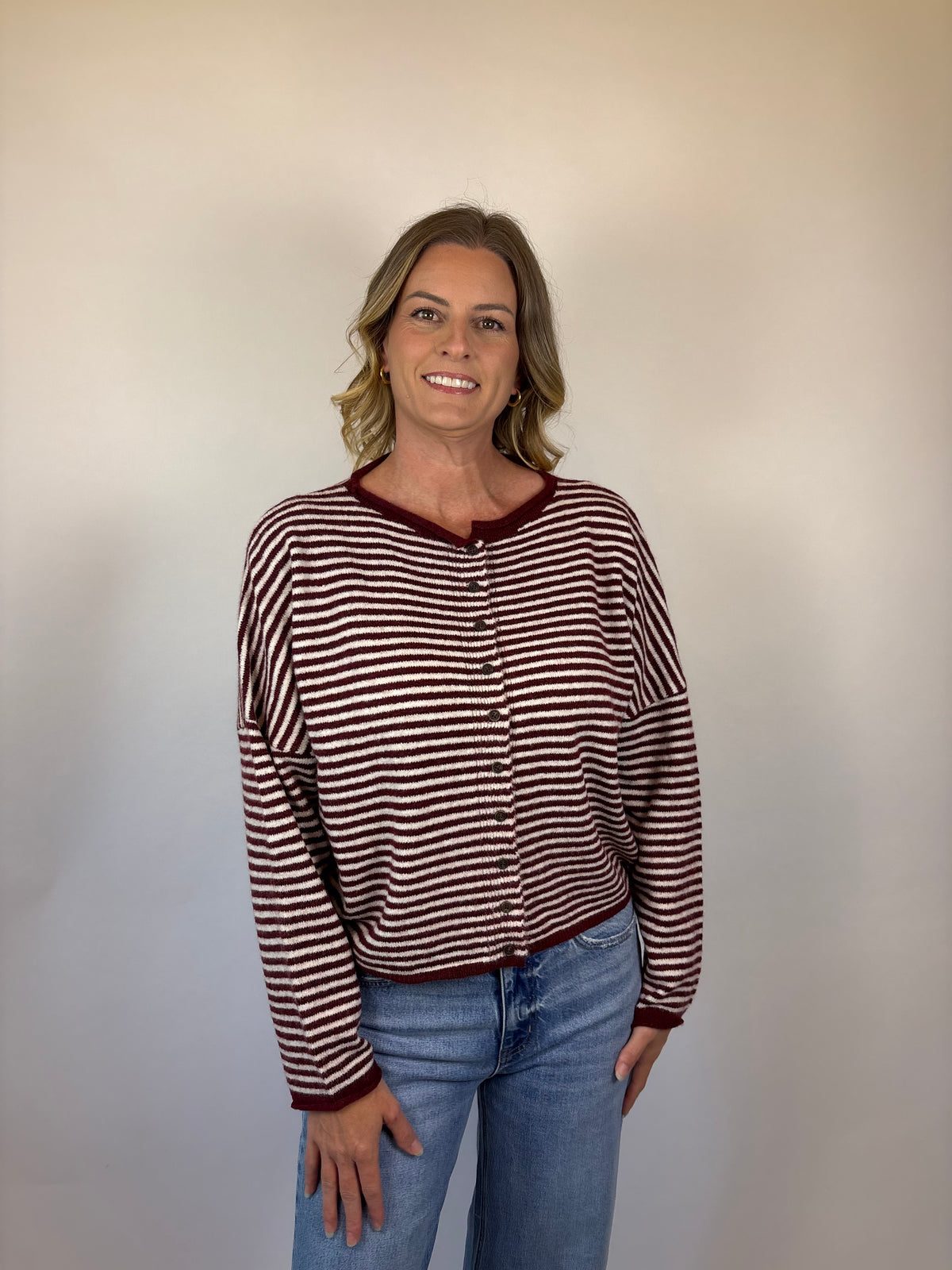 brooke & co the kinsley cardigan a soft striped knit with a relaxed silhouette, this button front cardigan is white and burgundy