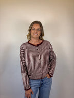 brooke & co the kinsley cardigan a soft striped knit with a relaxed silhouette, this button front cardigan is white and burgundy