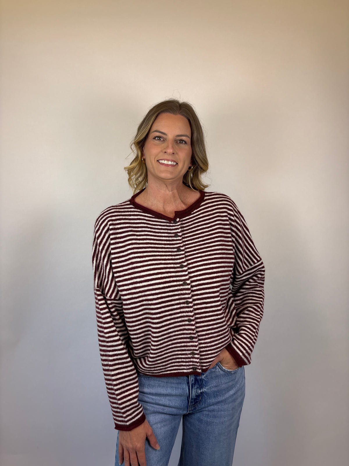brooke & co the kinsley cardigan a soft striped knit with a relaxed silhouette, this button front cardigan is white and burgundy