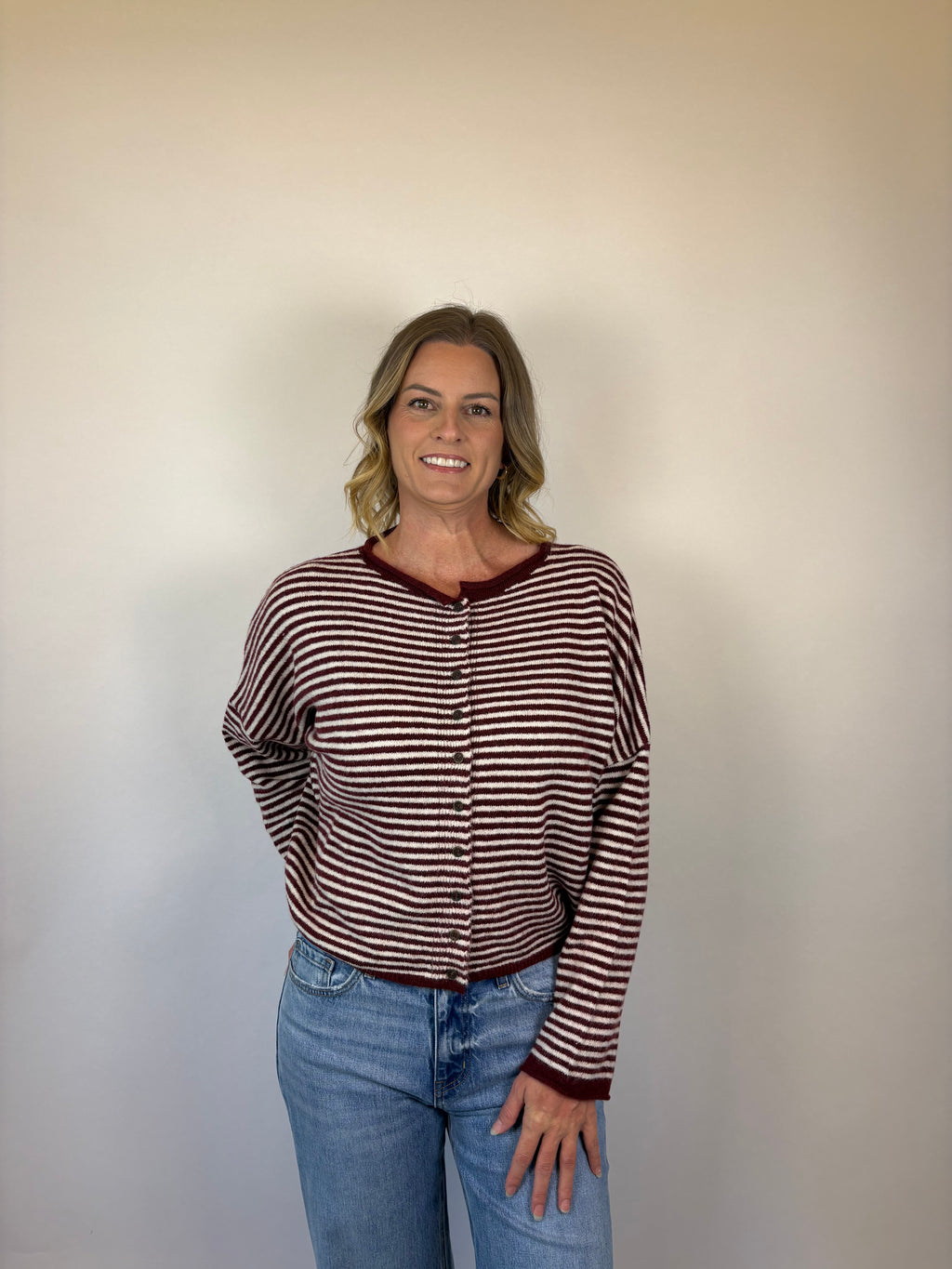 brooke & co the kinsley cardigan a soft striped knit with a relaxed silhouette, this button front cardigan is white and burgundy