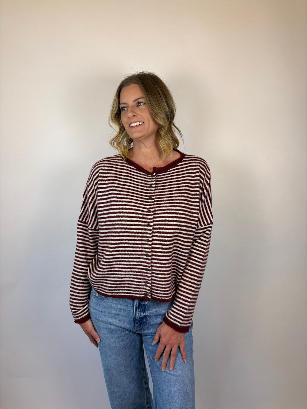 brooke & co the kinsley cardigan a soft striped knit with a relaxed silhouette, this button front cardigan is white and burgundy
