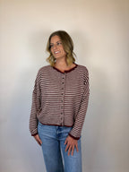 brooke & co the kinsley cardigan a soft striped knit with a relaxed silhouette, this button front cardigan is white and burgundy