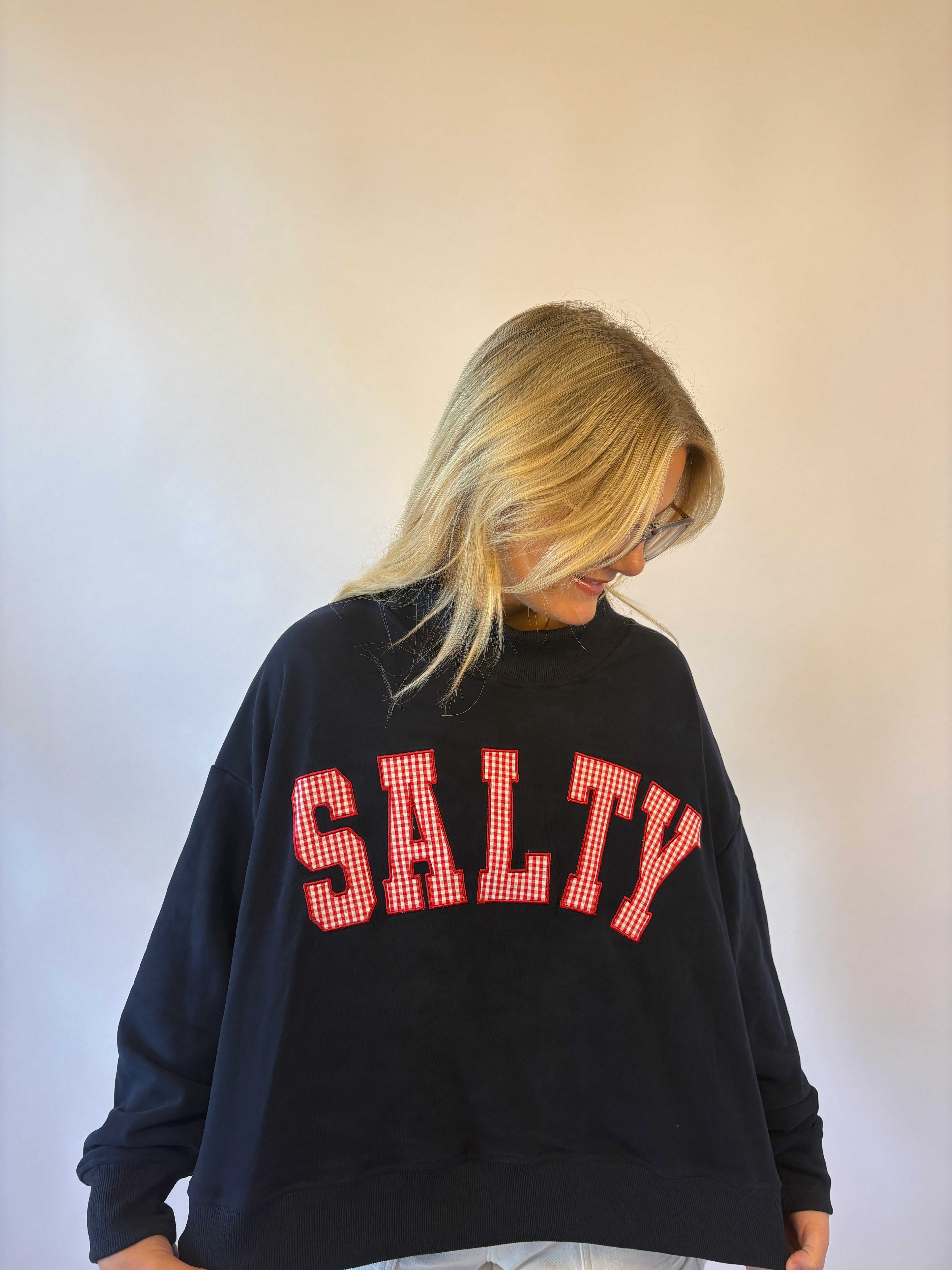 Brooke & co salty girl mockneck navy with red patch wording salty