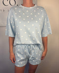 Brooke & co dots & daydream set baby blue with white polka dots with drawstring matching shorts with pockets