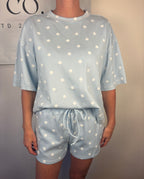 Brooke & co dots & daydream set baby blue with white polka dots with drawstring matching shorts with pockets