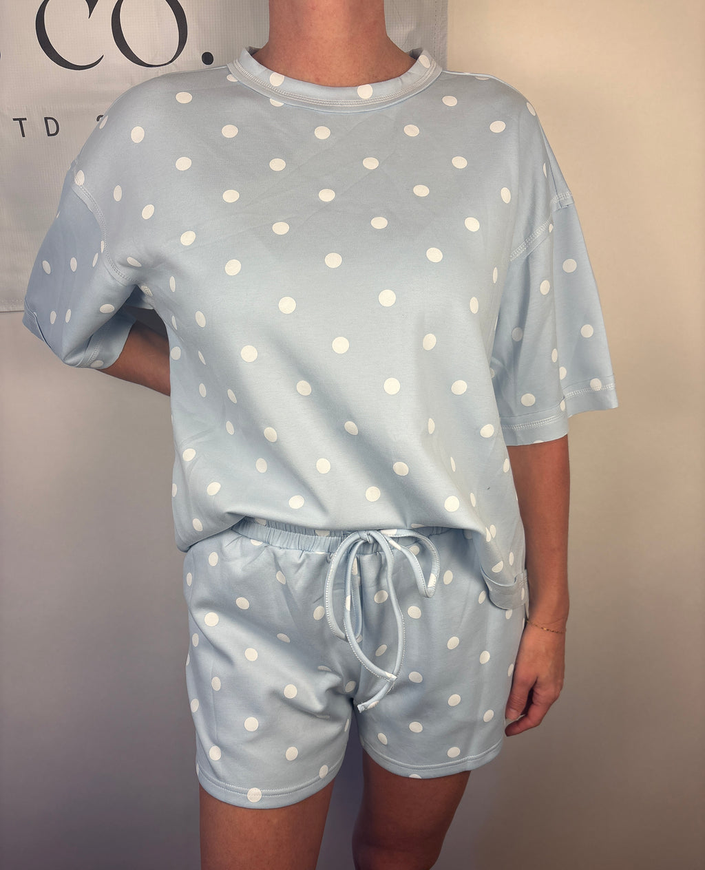 Brooke & co dots & daydream set baby blue with white polka dots with drawstring matching shorts with pockets close