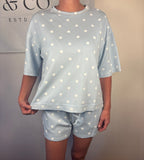 Brooke & co dots & daydream set baby blue with white polka dots with drawstring matching shorts with pockets detail