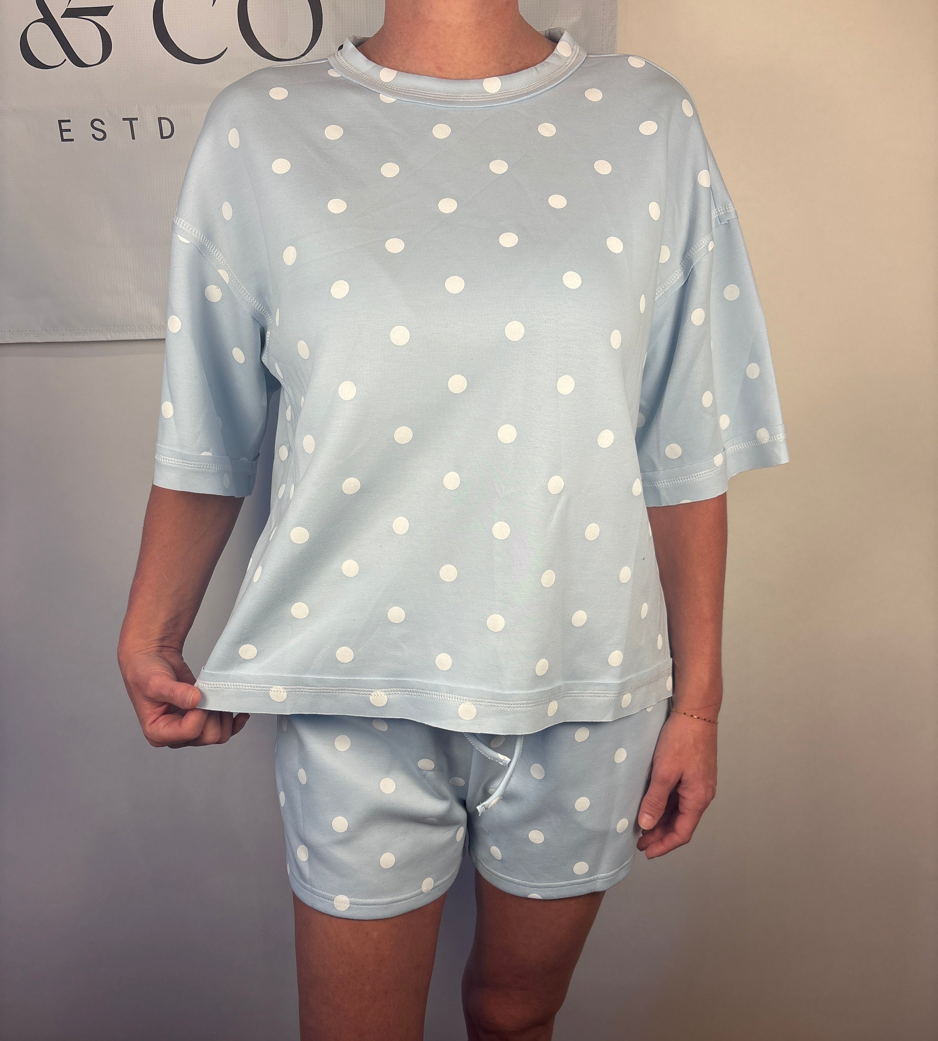 Brooke & co dots & daydream set baby blue with white polka dots with drawstring matching shorts with pockets detail