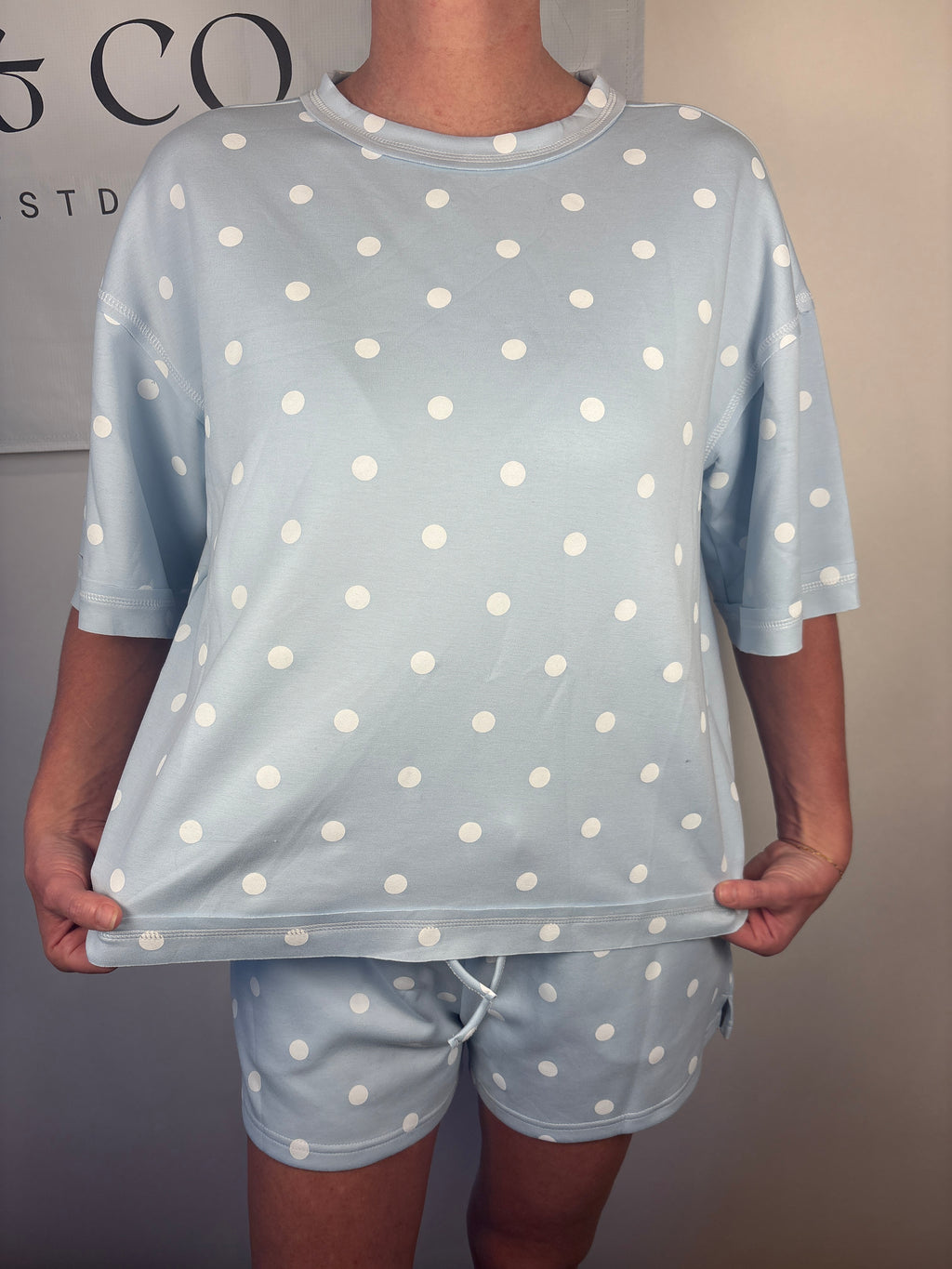 Brooke & co dots & daydream set baby blue with white polka dots with drawstring matching shorts with pockets front