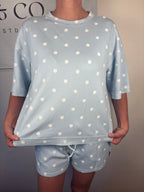 Brooke & co dots & daydream set baby blue with white polka dots with drawstring matching shorts with pockets front