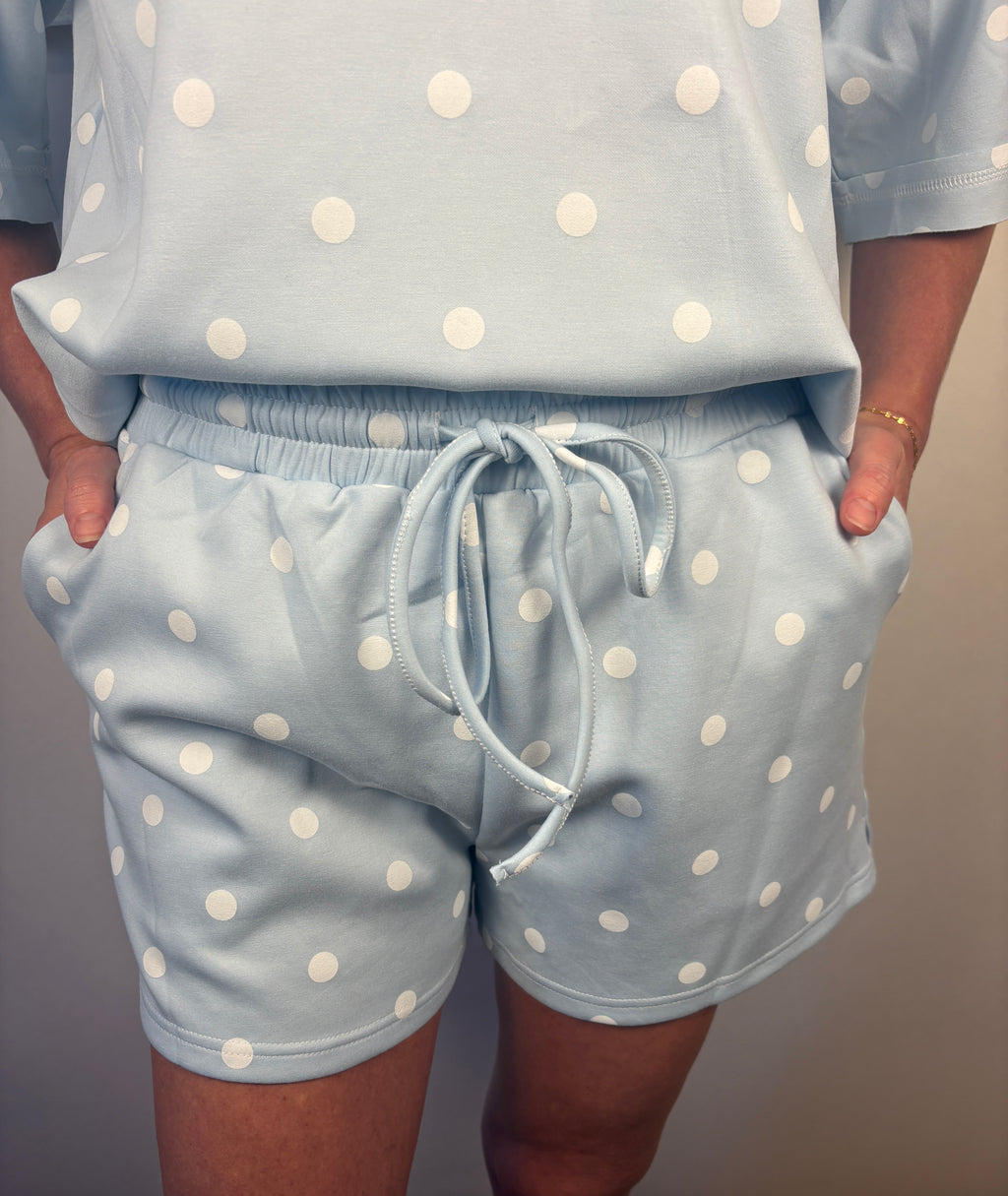 Brooke & co dots & daydream set baby blue with white polka dots with drawstring matching shorts with pockets shorts detail
