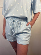 Brooke & co dots & daydream set baby blue with white polka dots with drawstring matching shorts with pockets shorts