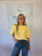 Brooke & co golden hour bow top in butter yellow with puff sleeve and bow tie back