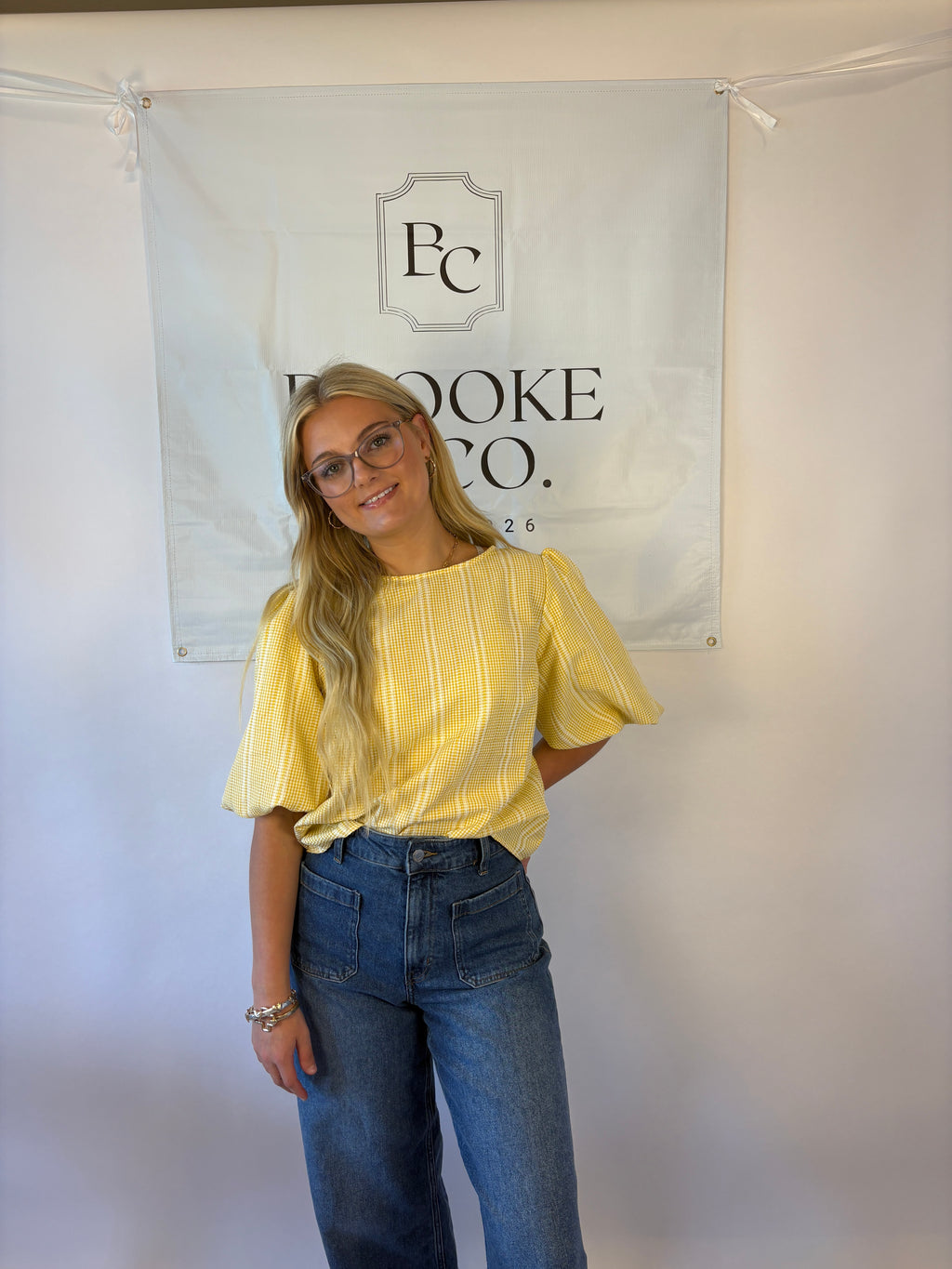 Brooke & co golden hour bow top in butter yellow with puff sleeve and bow tie back