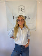 Brooke & co sailor striped shirt with collar and white and blue stripes with puff sleeve