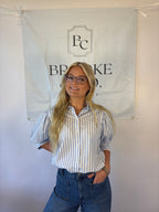 Brooke & co sailor striped shirt with collar and white and blue stripes with puff sleeve