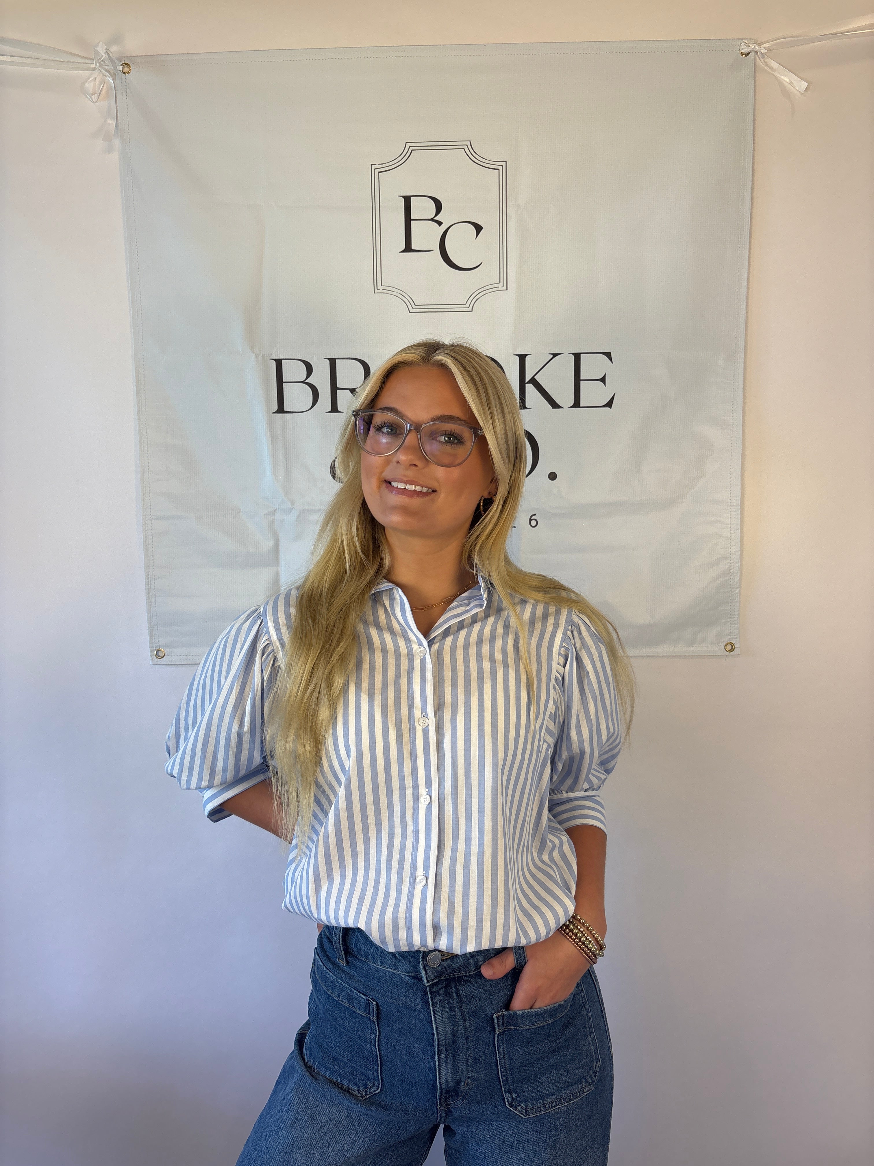 Brooke & co sailor striped shirt with collar and white and blue stripes with puff sleeve