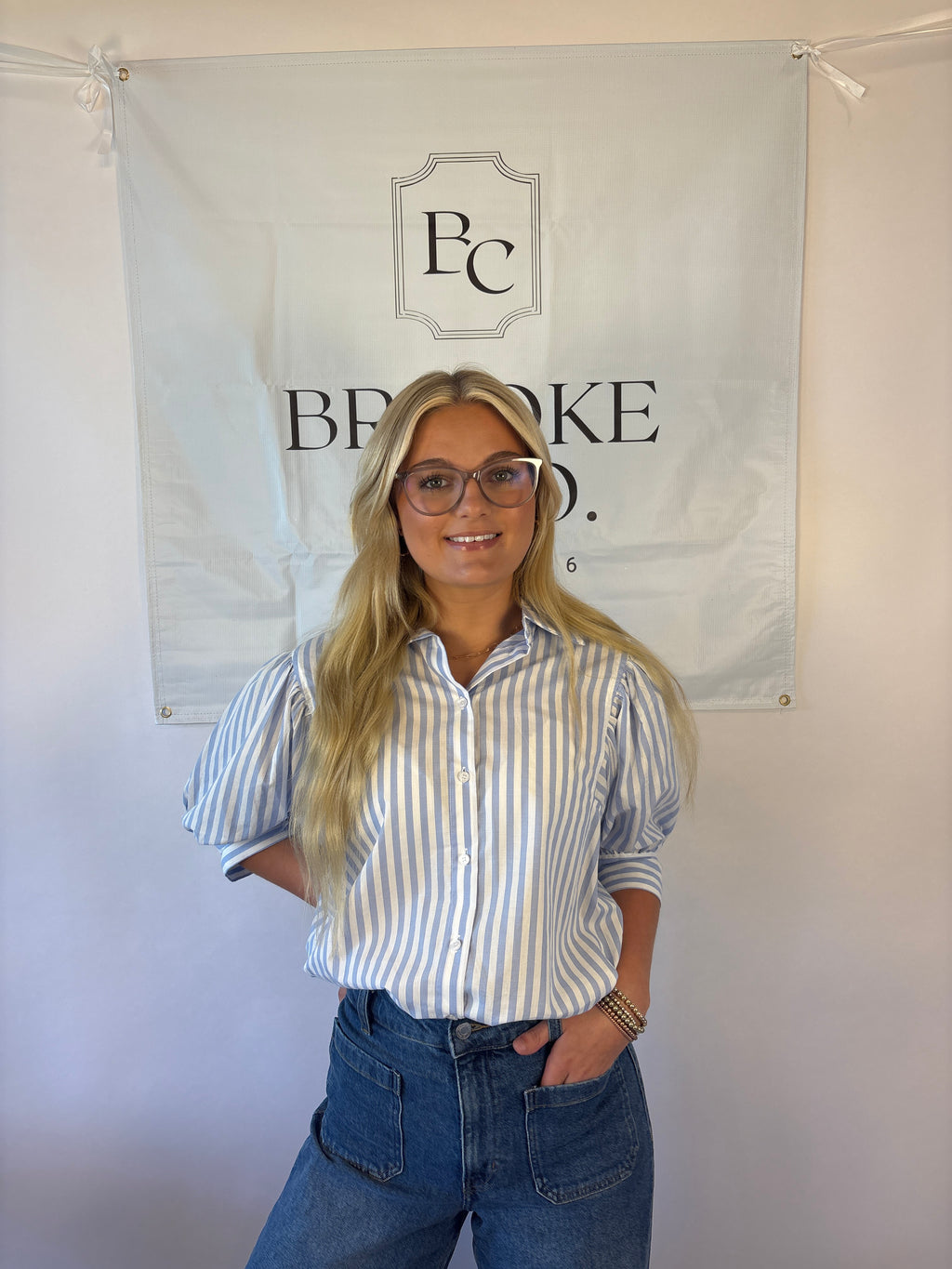 Brooke & co sailor striped shirt with collar and white and blue stripes with puff sleeve