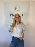 Brooke & co sailor striped shirt with collar and white and blue stripes with puff sleeve