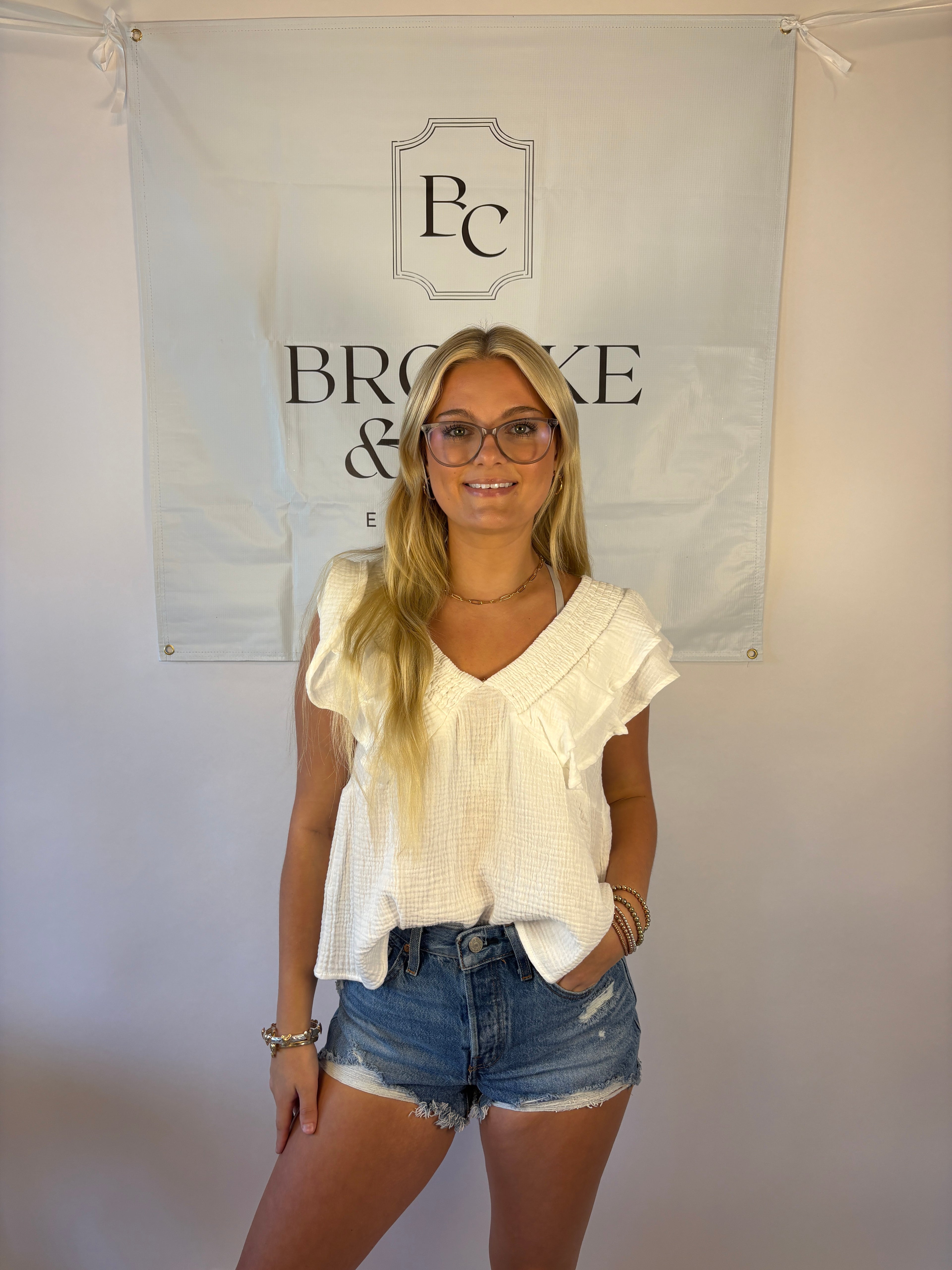 Brooke & co white willow top with ruffle detail and bow tie back