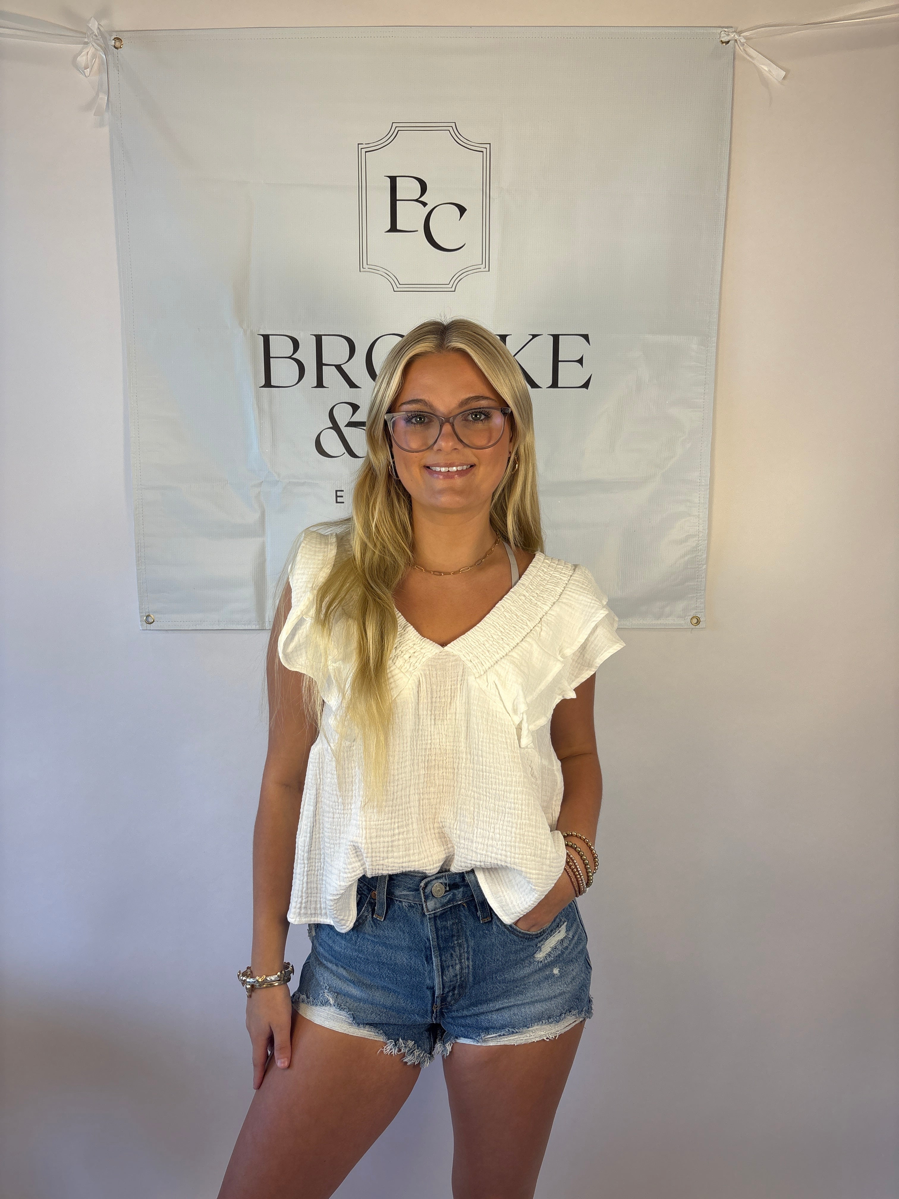 Brooke & co white willow top with ruffle detail and bow tie back