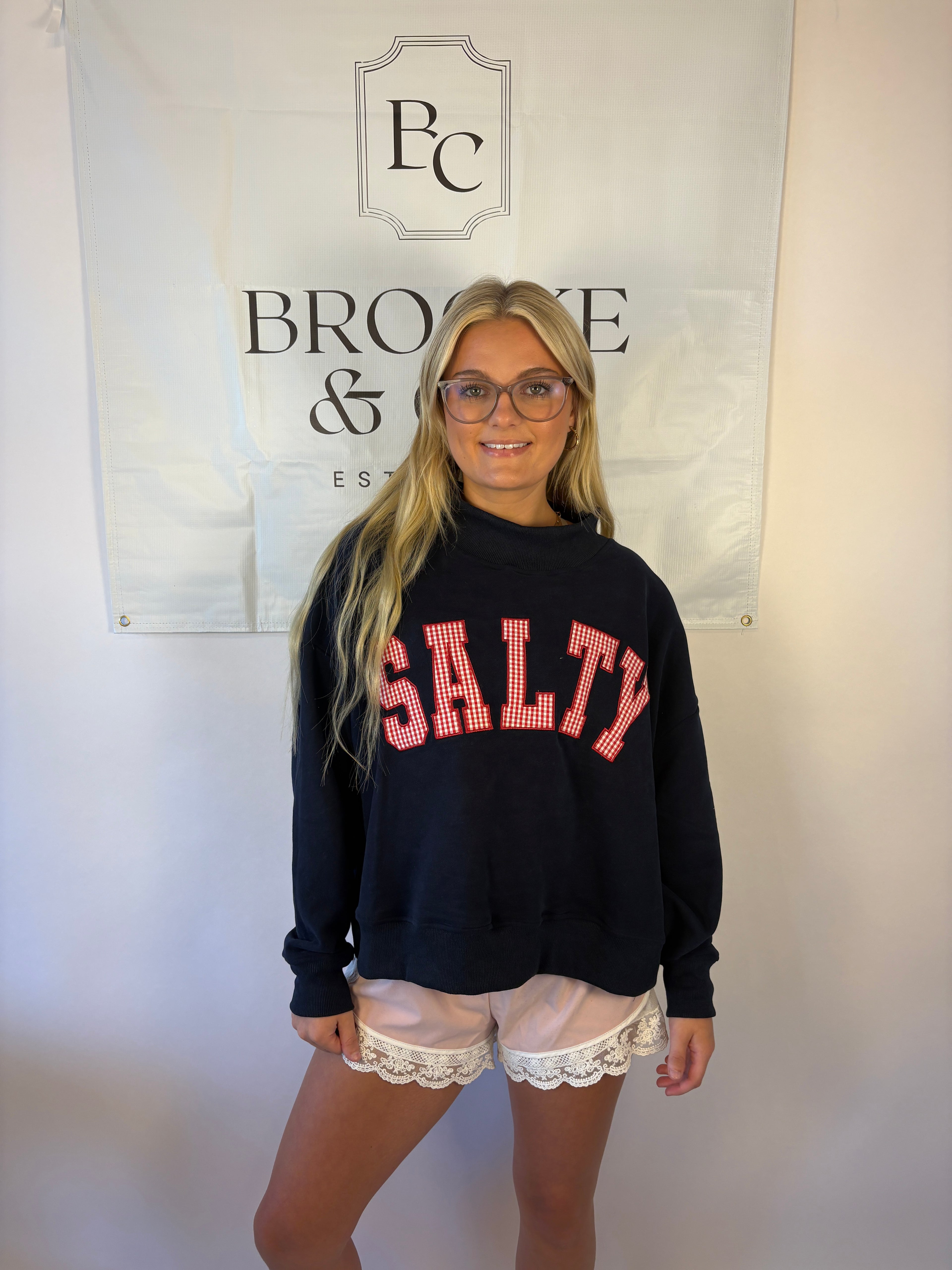 Brooke & co navy blue mockneck with salty in red gingham