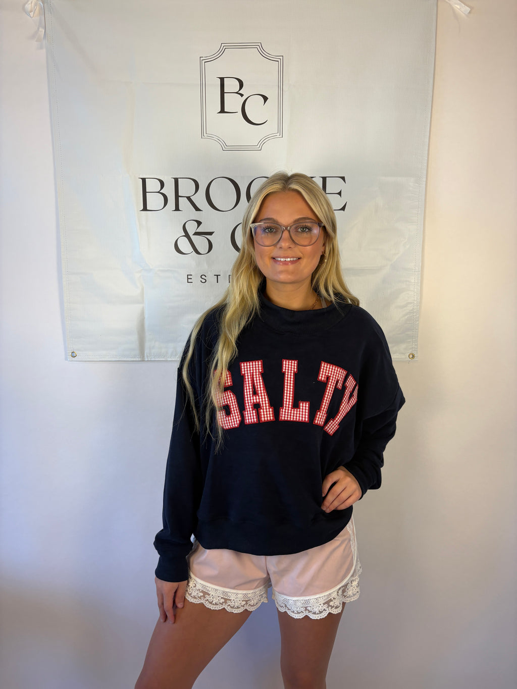 Brooke & co navy blue mockneck with salty in red gingham