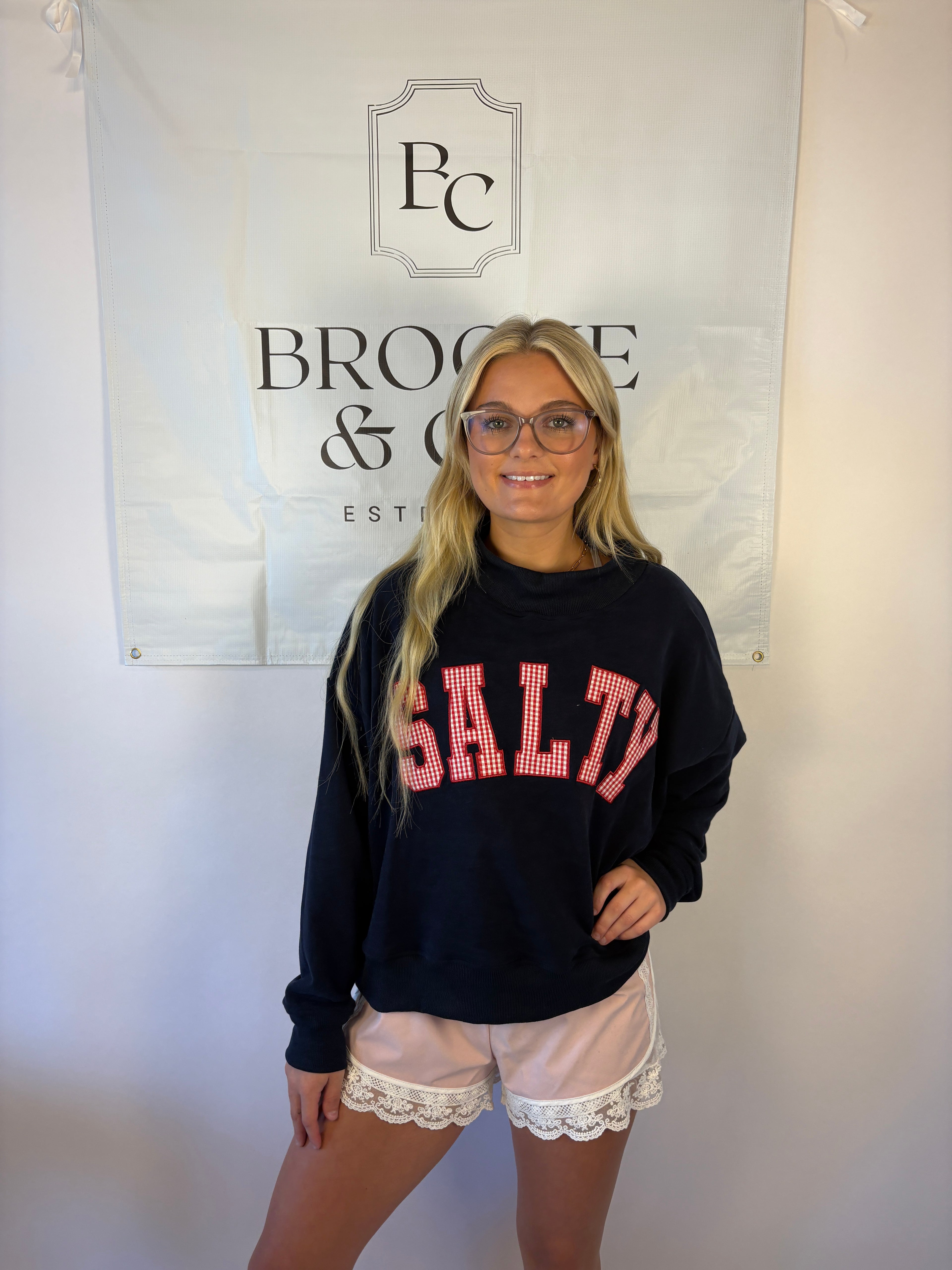 Brooke & co navy blue mockneck with salty in red gingham