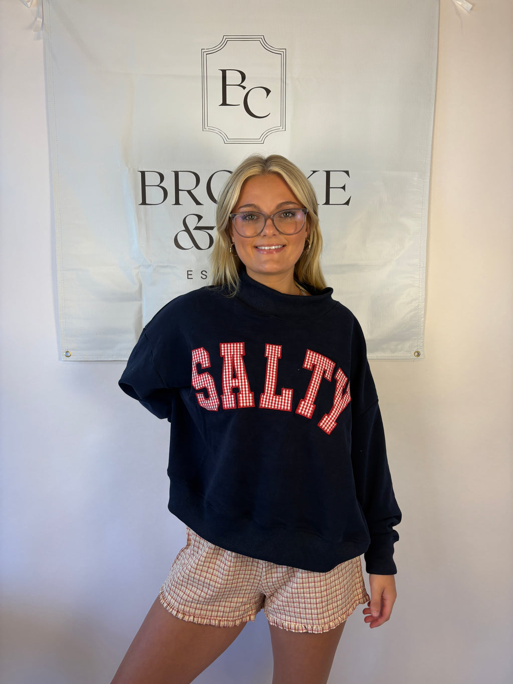 Brooke & co navy blue mockneck with salty in red gingham