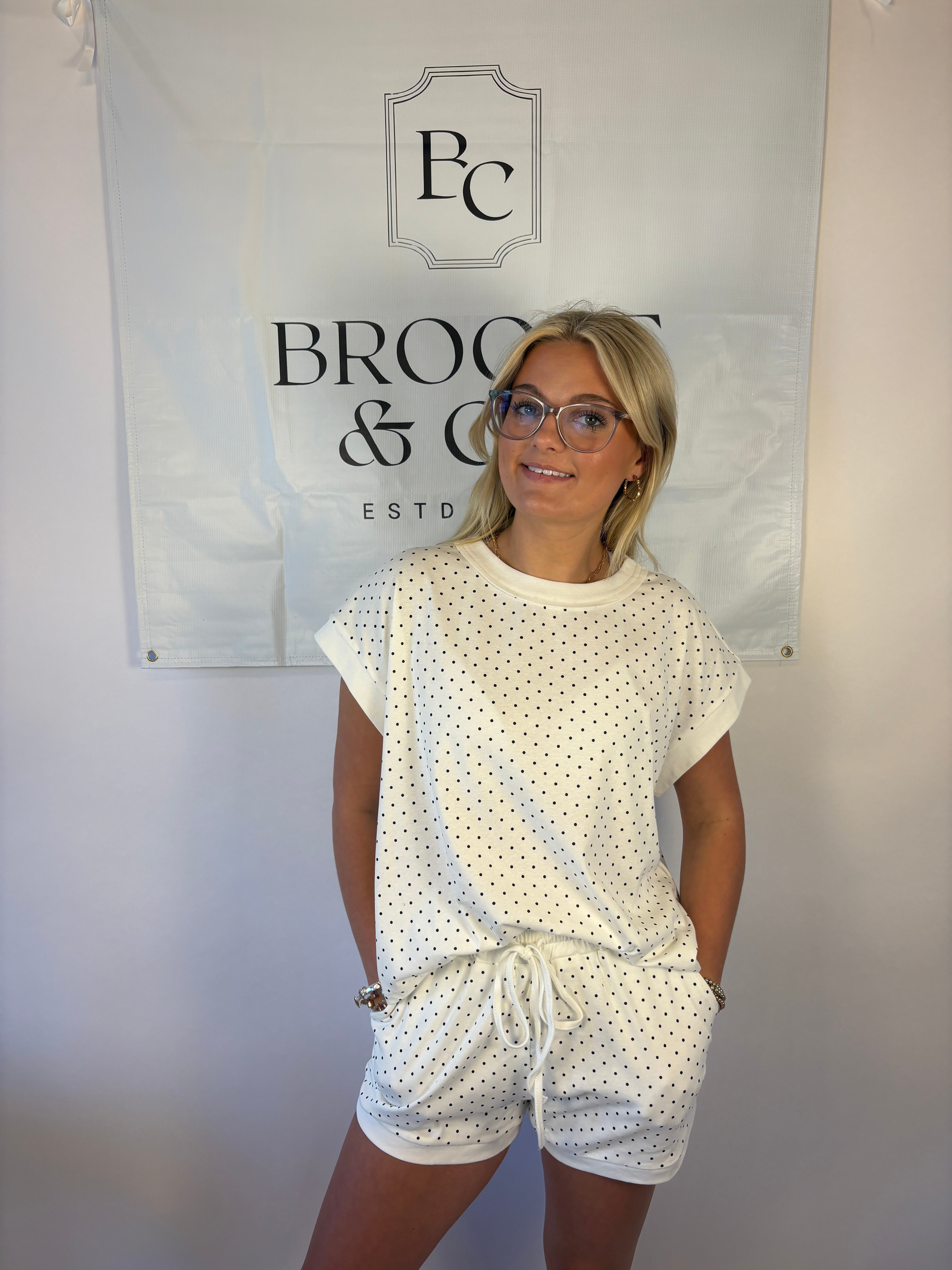 Brooke & Co darling in dots white and black polka set with matching shorts with pockets
