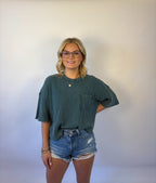 Brooke & Co the emery tee waffle knit teal crop top tee with front pocket and detail seam in back