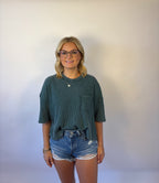 Brooke & Co the emery tee waffle knit teal crop top tee with front pocket and detail seam in back
